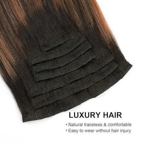 ABH AMAZINGBEAUTY HAIR Yaki Straight Human Hair Clip ins Rooted Black Piano Natural Black #1B Fading into Light Auburn #30 Two Tone Light Yaki Clip ins for Black Women Human Hair 12 Inch 120G 7Pcs