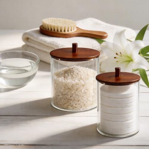 Glass Q-Tip Holder with Acacia Lid, 2-Pack (10oz & 15oz)