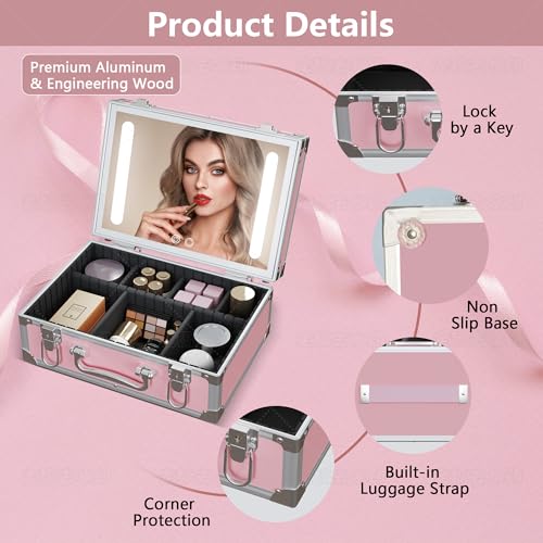 Travel Makeup Case with LED Mirror - Hard Shell Pink Travel Makeup Bag with Mirror - Portable Makeup Organizer with Mirror, Vanity Case for Cosmetics, Adjustable Divider