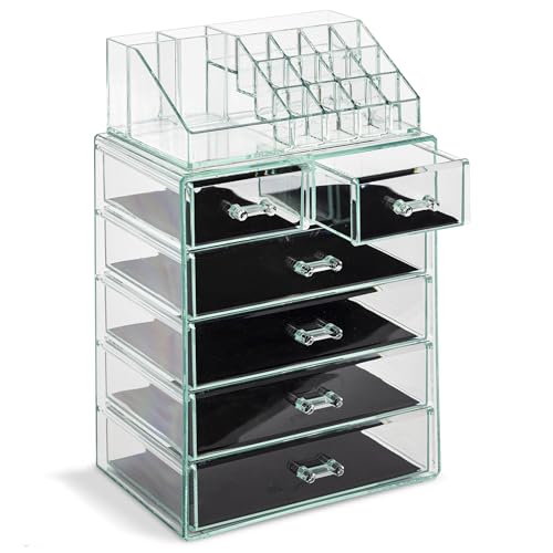Sorbus Acrylic Makeup Organizer Set, 6-Drawer Vanity & Countertop Cosmetic Storage with Small & Wide Compartments, Teal Thrill Makeup Storage for Brushes, Jewelry ? Holiday Gift for Women & Teens