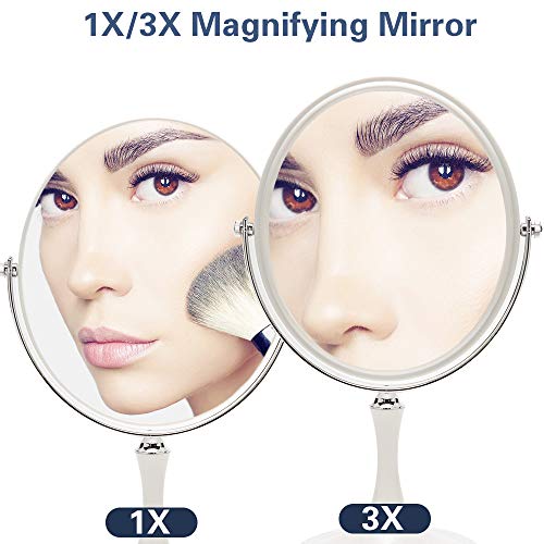 YEAKE White & Silver 8-Inch Double Sided Swiveling Table Mirror with 1X/3X Magnification, 13-Inch Stand Vanity Mirror
