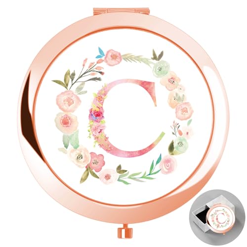 Personalized Initial Compact Mirror - Rose Gold Floral Monogram