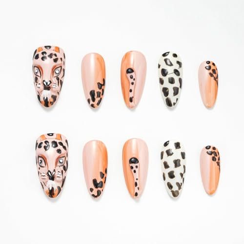 FORBELOVED NAILS,Nude Hand-pained Leopard Handmade Press On Nails,Medium Almond Glue On Nails,Charming 3D Texture Tails False Nails For Women And Girls,10Pcs/Set With Glue,(Nude-L),FOB