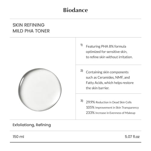 Biodance Skin Refining Mild PHA Toner, Gentle Exfoliating, Hydrating Face Toner for Sensitive Skin with Ceramides & NMF, Korean Skin Care | 5.07 fl.oz,150ml