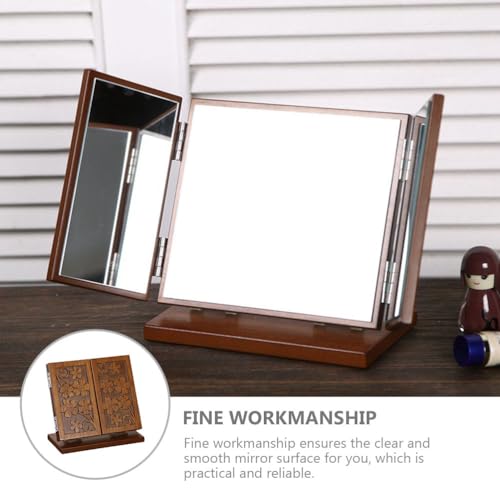 1pc Wood Dressing Table Mirror Wooden Three Mirrors Indoor Desktop Make up Vanity Carved Standing Desk Makeup