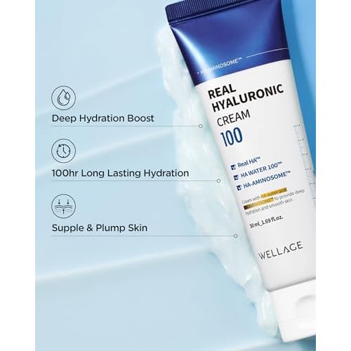 WELLAGE Real Hyaluronic Cream 100, Pure Hyaluronic Acid Korean Face Moisturizer with Ceramide Panthenol Squalane Vitamin B5 Niacinamide - Hydrating face moisturizer, Hypoallergenic, 1.69oz.