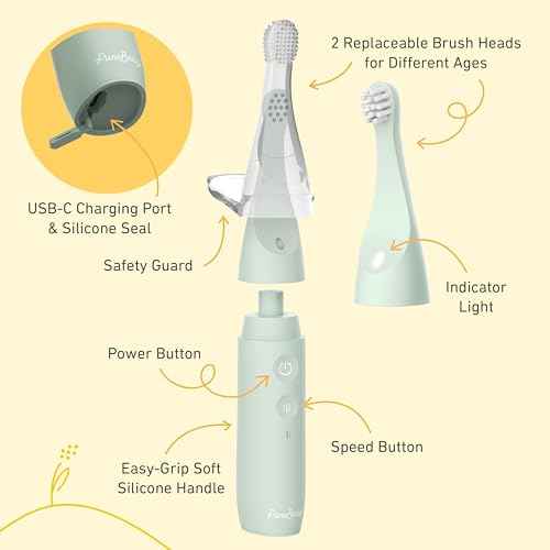 Pure Enrichment PureBaby Infant-to-Toddler Electric Toothbrush - Waterproof Baby & Toddler Toothbrush with Silicone & Bristle Heads, Sonic Vibration, & Timer - Ages 6 Mo-3 Yrs (Sage Green)