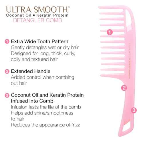 Cricket Ultra Smooth Coconut Detangler Comb - Infused with Coconut Oil & Keratin for Frizz-Free Shine, Gentle on Wet & Dry Hair, Extended Handle for Thick & Curly Hair - Pink