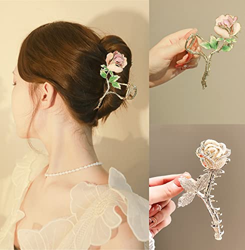 2 PCS Metal Big Hair Claw Clips, Dragonfly Lotus Rose Shiny Rhinestone Nonslip Hair Jaw Clips Hair Catch Barrette Clamp Hair Accessories for Women 021-02