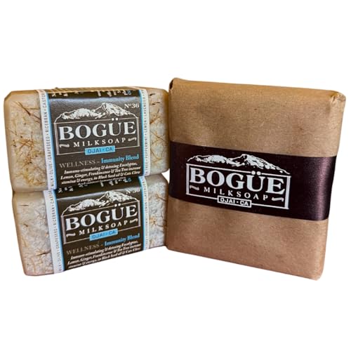 Goat Milk Soap set of 2 BOGUE No.36 WELLNESS Immunity Blend- Stimulating Essential Oils Eucalyptus, Lemon, Ginger, Frankincense & Tea Tree with Black Cumin oil, Cats Claw herb top