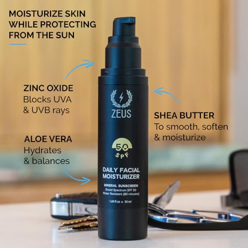 ZEUS Men¡¯s Hydrating Face Moisturizer with SPF 50, Restores, Protects & Hydrates Skin, Daily Face Lotion for Men, Natural Mineral Sunscreen for Everyday UV Protection (Made in USA)
