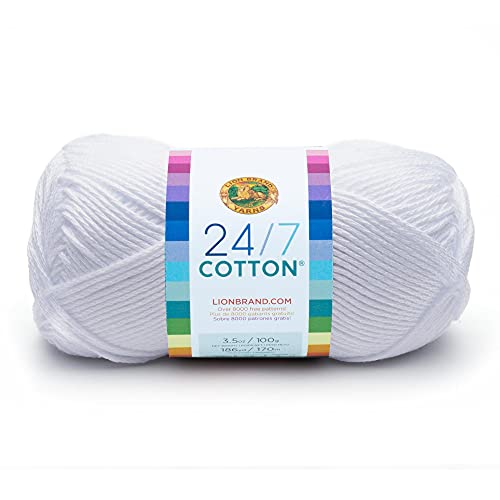 Lion Brand 24/7 Cotton Yarn, Lightweight Yarn for Knitting, Crocheting, and Crafts, White, 1 Pack