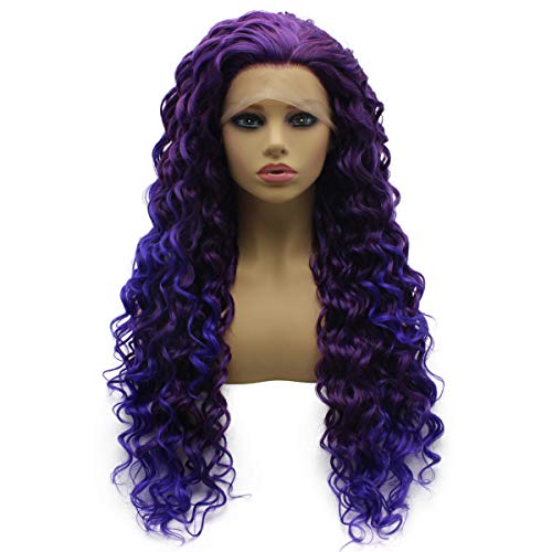 iwonawig Iewig Long Curly Ombre Purple Wig for Women Synthetic Lace Front 2 Tones Heat Friendly Wig