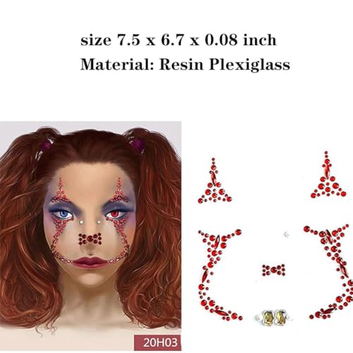 Clown Face Jewel Makeup Sticker Cat Face Gems 3D Gemstone Face Stickers Day of the Dead Temporary Rhinestone Crystal Stones Glitter Body Gems Makeup Stickers for Halloween Carnival Rave Party
