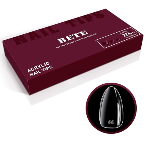 BETE Medium Almond Clear Acrylic Nail Tips - 224 Pcs, 16 Sizes