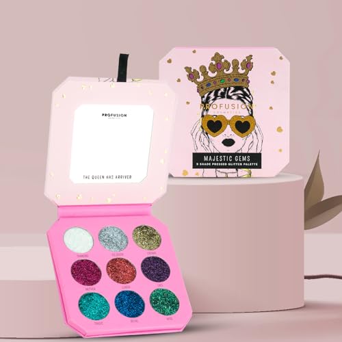 Profusion Cosmetics Majestic Gems 9 Shades Pressed Glitter Palette - High-Impact Sparkle for Face, Body & Eyes, Buildable & Blendable with Minimal Fallout Application, Cruelty-Free Makeup