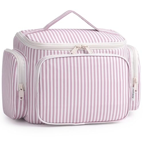 Narwey Hanging Travel Toiletry Bag for Women, Large Makeup Organizer, Dusty Pink Stripe