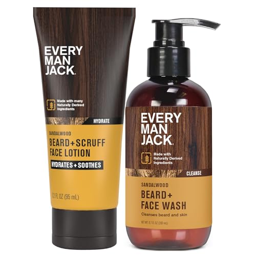 Every Man Jack Beard & Face Wash & Lotion Set - Sandalwood, Hydrating Men's Grooming