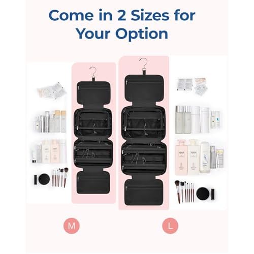 BAGSMART Travel Toiletry Bag with Jewelry Organizer, Hanging Travel Bag for Toiletries, Puffy Makeup Cosmetic Bag Organizer, Carry-on Travel Accessories Essentials, Black-L