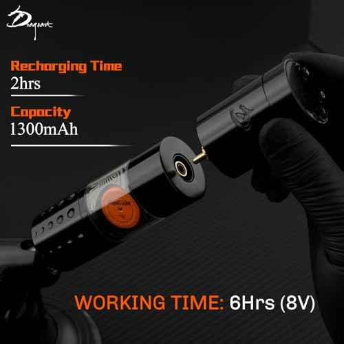 Dragoart Tattoo Gun Wireless Tattoo Machine Brushless Motor 10800Rpm, 0-4mm Needle Depth Aluminium Alloy Frame Direct Drive System LED Display, Rotary Tattoo Gun 1300mAh for 6hrs Tattooing (Silver)