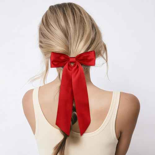 WantGor Long Tail Bow Hair Clips, Hair Ribbon Bows Satin Bowknot Clip Large Hair Barrettes Cute Ponytail Holder Hair Accessories for Women Daily Party Wedding Prom (Red)