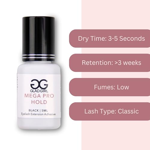 GladGirl Mega Pro Hold Lash Extension Glue for Single Strand Lashes, 5 ml, Volumizing, Low Fumes, Up to 3 Weeks Retention, Fast Drying Time
