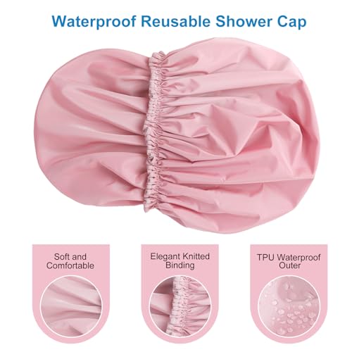Large Waterproof Shower Cap for Women - Pink, Double-Layer Hair Bonnet