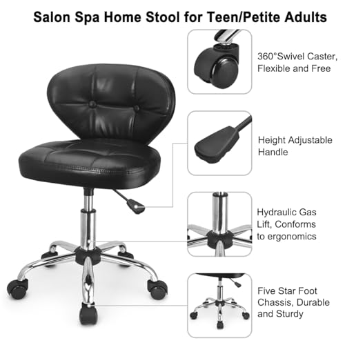 JOSTZHXIN Home Rolling Stool, PU Leather Rolling Chair with Back, Height Adjustable Swivel Chair for Teen Petite Adults,Black
