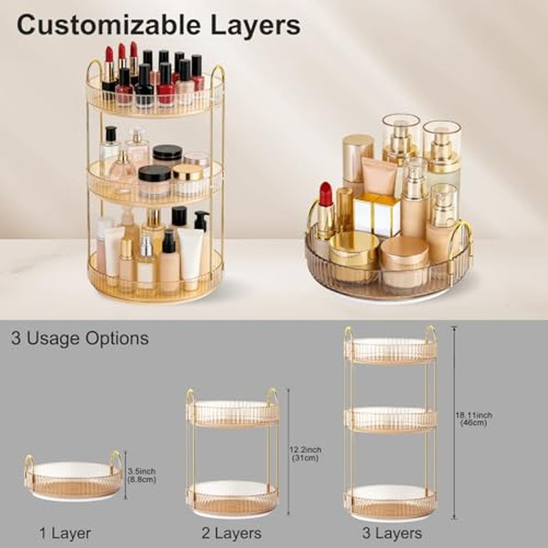 360° Rotating Makeup Organizer - 3 Tier Amber Gold Cosmetic Holder