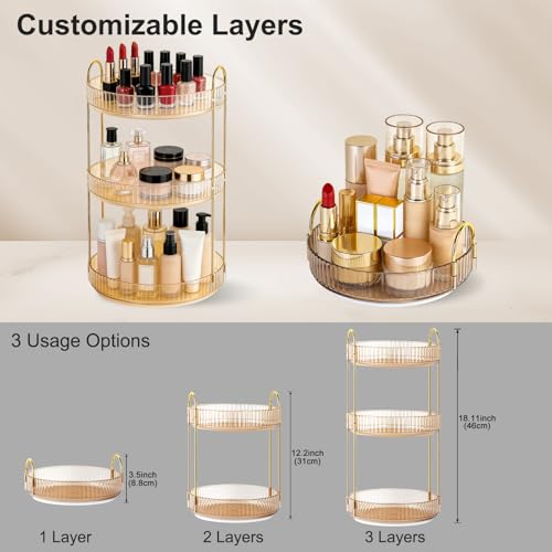 AMEITECH 360° Rotating Makeup Organizer with 3 Large Tiers - Clear Vanity Storage for Cosmetics & Perfume, Amber Gold