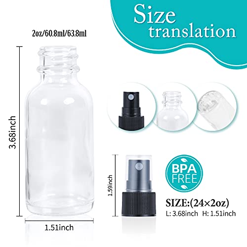 2oz Glass Spray Bottle, Fine Mist Boston Glass Bottles with Black Fine Mist Sprayer Small Clear Bottles for Essential Oils, Bath, Beauty, Hair & Cleaning, Clear, Pack of 24