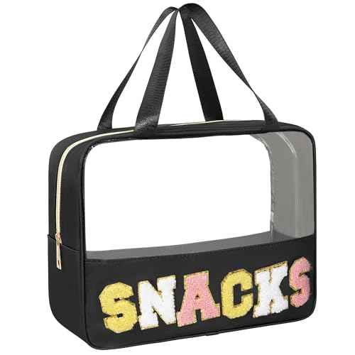 Chenille Letter Snacks Bag Zipper Pouch TPU&Nylon Clear Cosmetic Bag with Handle Toiletry Bags Travel Makeup Bag Multi-purpose Clear Pouches For Women (SNACKS, Black)