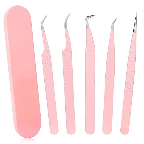 Fiber Tip Lash Tweezers for Eyelash Extensions, Professional Stainless Steel Lash Extension Tweezers for Volume Fan, Precision Supplies Work Best Tool（5Pcs Tweezer Set）