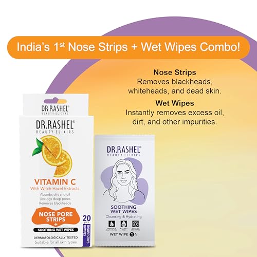 DR.RASHEL Vitamin C Nose Pore Strips For Pore Cleansing, Instant And Painless Blackheads Removal | Deep Purifying Blackhead Remover Strips for Nose | 20 PCS (10 Strips & 10 Wipes)