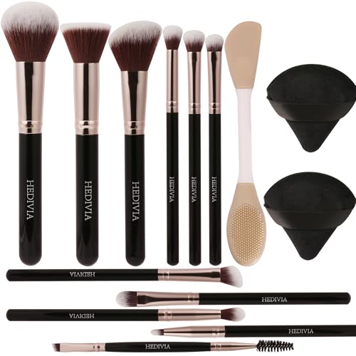 14-Piece Black Makeup Brush Set with Powder Puffs & Case