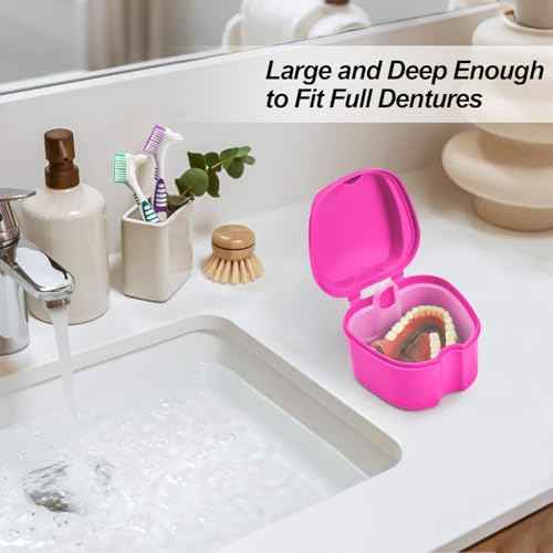 2 Pack Colors Denture Bath Case Cup Retainer Cleaner Holder Case False Teeth Soaking Container Dental Bath Storage Box Case with Strainer Basket and Brush - Rose Red & Black