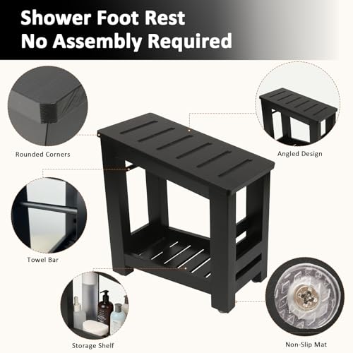 Bamboo Shower Foot Rest Stool with Storage & Non-Slip
