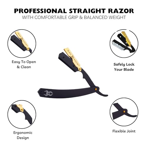 Black Widow Professional Straight Razor ? Matte Black & 24K Gold plated finish Barber Razor for Men ? Swing Lock Grip, Stainless Steel Shavette for Barbers & Beginners pack of 10 blades