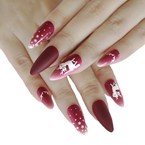 Gangel Red Matte False Nails Xmas Fake Nail Full Cover Christmas Long Fake Nails Snow Deer Acrylic Press on Nails Daily Wear Gifts for Women and Girls 24Pcs (RED1)