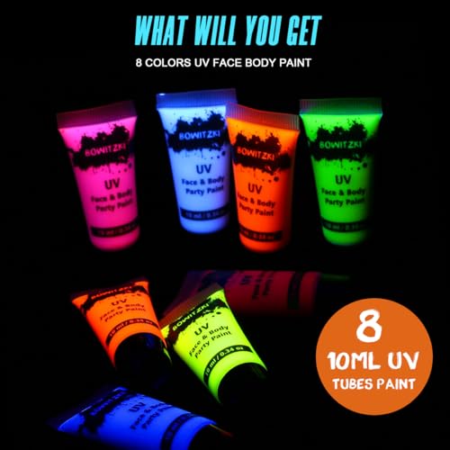 Bowitzki UV Neon Face Body Paint 8 Tubes Glow in Dark