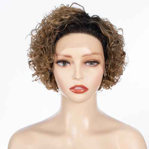 QUEEN VIRGIN REMY QVR Pixie Cut Wig 13x1 Short Curly Lace Front Human Hair HD Lace Pixie Human Hair Wigs for Black Women Glueless Wigs Ombre Honey Blonde T1B/27 Color