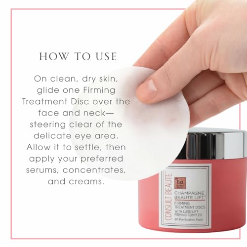 Consult Beaute - Champagne Lift Face Firming Treatment Disc - Firming and Exfoliating Pads - Rejuvenate Sagging Skin - Pre-Soaked Wipes - Disposable - Peptides - Grape Seed Extract - 60 Count (2Pack)