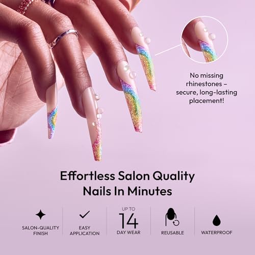 Glitzy 3D Handmade Press On Nail Kit, Rhinestone Gem Glitter French Tip 3X-Long Coffin False Nail, Reusable & Lasts Up To 2 Weeks, Seamless Snug Fit Technology, Includes Glue & 28Pcs Manicure Set