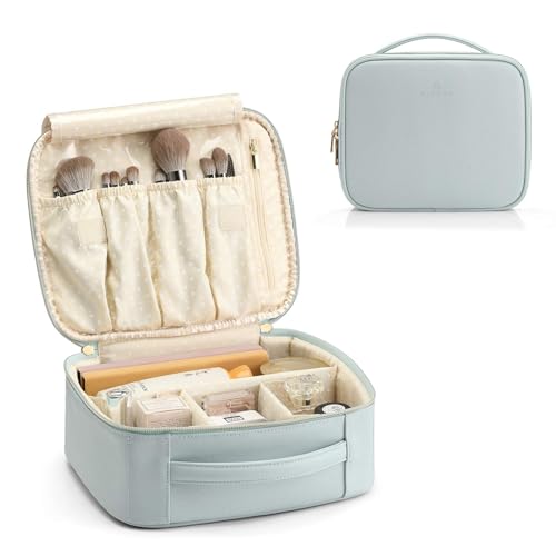 Vlando Makeup Bag, Travel Makeup Bags,Large Portable Make Up Bag Organzier with Dividers and Handle Gifts for Women Girls,Traveler,Christmas,Wedding Blue