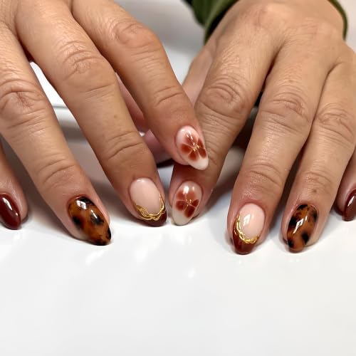 72-3D Burgundy French Gold Short Almond Press-On Nails - Tortoise Shell & Floral Design