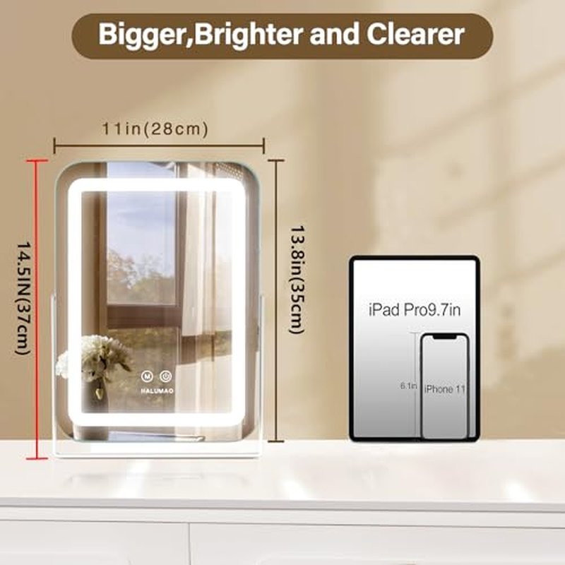 14.5" Rechargeable Vanity Mirror with Lights, 3500 mAh Lighted Makeup Mirror, Smart Touch 3 Colors Dimmable, Tabletop Mirror for Makeup Desk, Memory Function