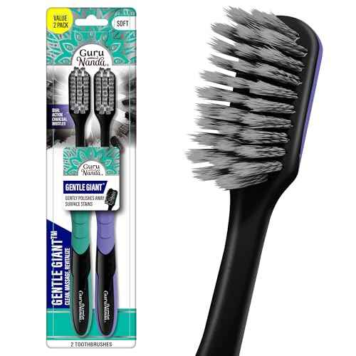 GuruNanda Gentle Giant Charcoal Toothbrush - Dual Action Flossing Spiral Bristles, Non-Slip Ergo Dexa Grip Handle, Helps in Teeth Whitening, BPA Free, 2ct