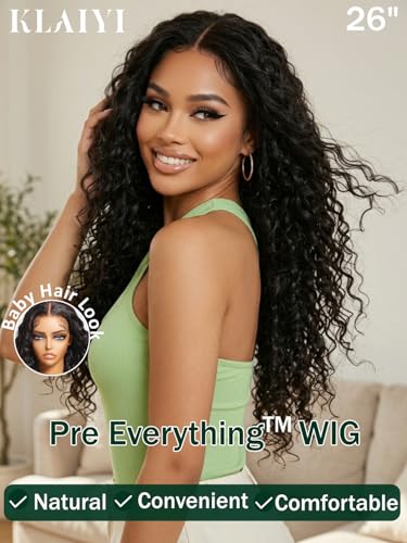 KLAIYI Water Wave 18in 13x4 Lace Frontal Glueless Wig with Baby Hair, 100% Human Hair, Pre Plucked, 30S Ready to Wear
