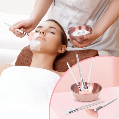 8 Pcs Face Mask Mixing Bowl Set - Esthetician Supplies, DIY Facemask Mixing Tool, Facial Mask Applicator Brushes Kit, 2 Rose Gold Facial Bowls, 2 Facial Fan Brushes, 2 Flat Brushes, 2 Measuring Spoons