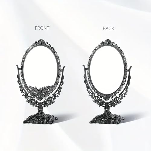 Vintage Black Tabletop Makeup Mirror with Ornate Floral Frame
